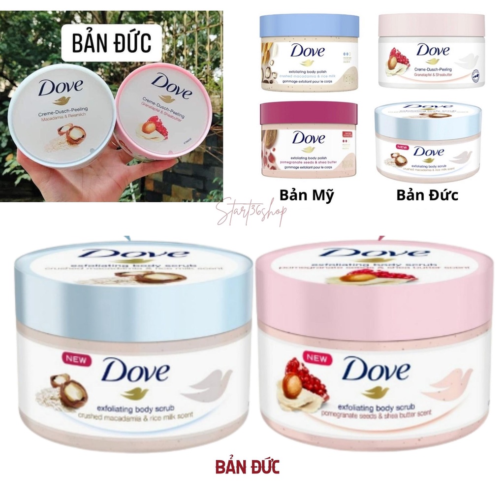 Tẩy tế bào chết body Start36 tẩy da chết Dove da body trắng sáng, mịn màng, giảm mụn, bản Đức 225ml
