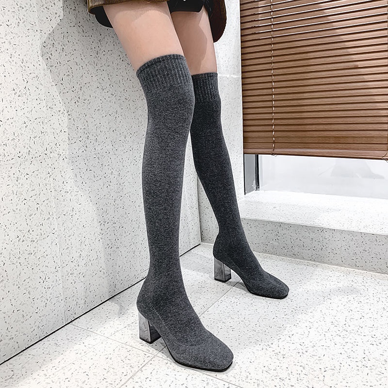 Giày bốt cao gót cổ cao qua gối vải len dệt kim mỏng mũi vuông dáng dài thời trang dành cho nữ