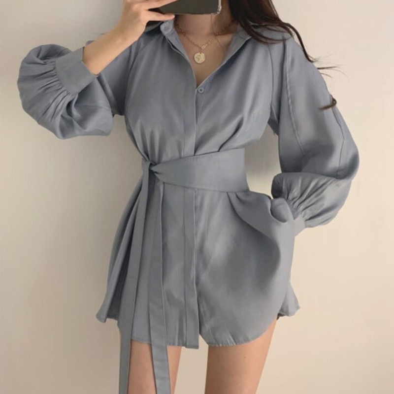 Bộ Đồ Giản Dị Cá Tính 206852 Set Áo Sơ Mi Tay Dài Màu Trơn + Quần Short Ống Rộng Thời Trang Hàn Quốc Cho Nữ