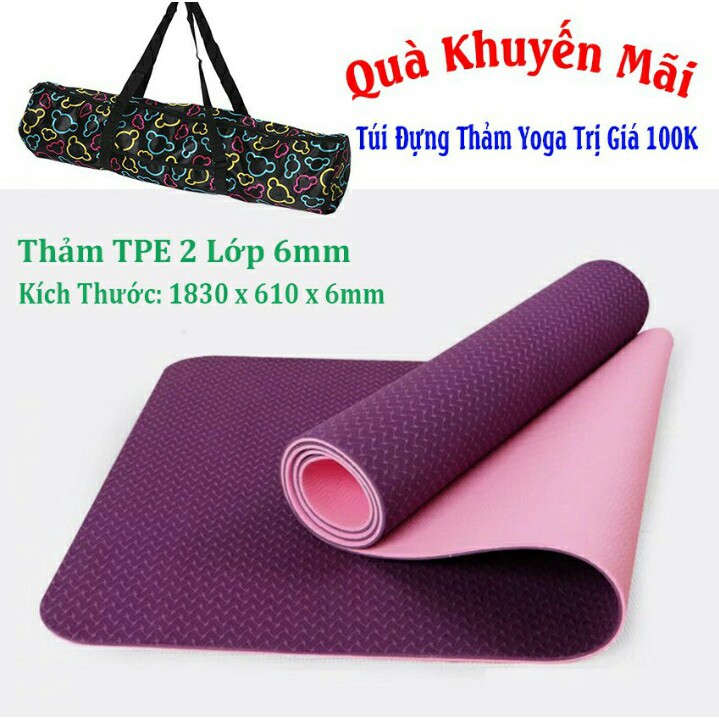 Thảm Yoga TPE EcoFriendly 2 lớp cao cấp dày 6mm (tặng túi đựng+dây buộc thảm)