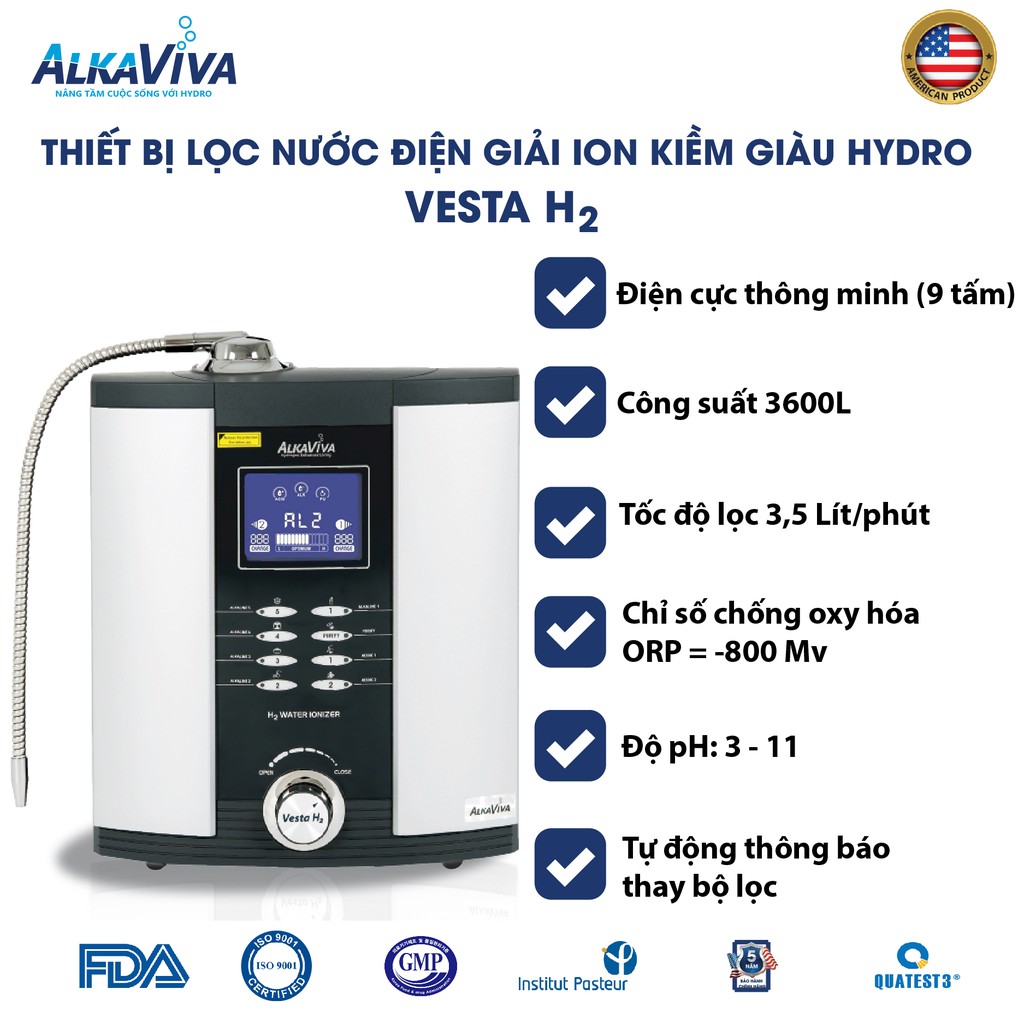 Máy lọc nước điện giải ion kiềm ALKAVIVA VESTA H2 giàu Hydro  - Thương Hiệu Mỹ - VST