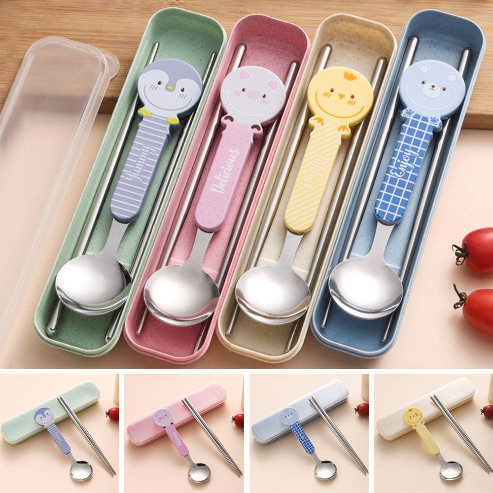Set 2 Dụng Cụ Ăn Uống Bằng Thép Không Gỉ Hình Hoạt Hình Cho Trẻ Em