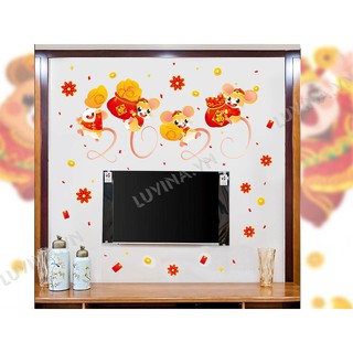 Decal dán tường LUVINA trang trí tết- 4 chú chuột ôm đồng tiền