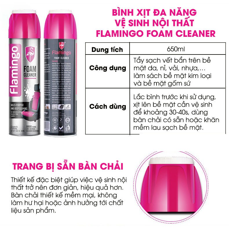 Bình xịt bọt Vệ Sinh Ghế Xe nội thất Ô Tô Chính Hãng Flamingo F002 650ml