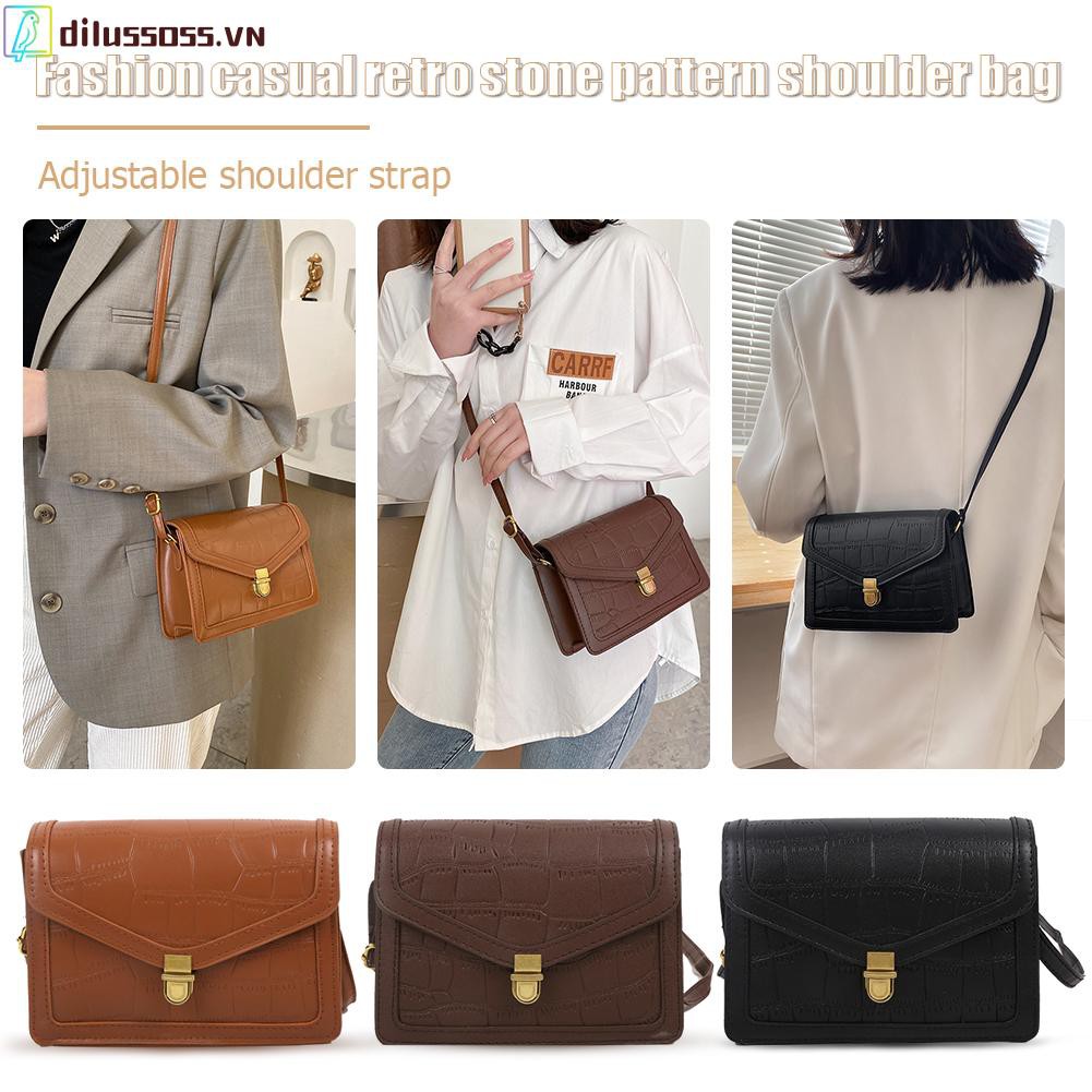 [DILUSSOSS] Túi đeo vai  Solid Color Retro Shoulder Bag Lock Stone Pattern Women PU Messenger Bags