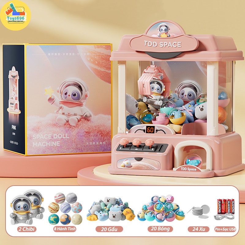 Máy Gắp Thú Bông Mini Kích Thước Lớn Gấu Phi Hành Gia Có Đèn Và Nhạc Kèm Xu Đếm Thời Gian, Có Sẵn Nhiều Thú Bông Trẻ Em