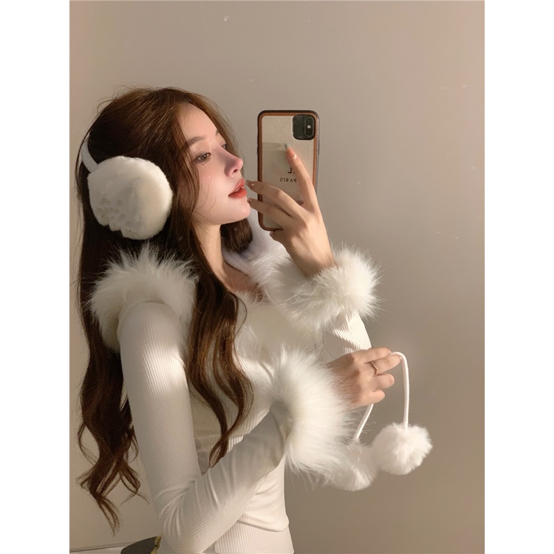 SẴN TRẮNG Đầm tay dài body bó sát tôn dáng len ôm khâu cổ lông dây bông có nón mũ trùm đâu đông noel ulzzang màu