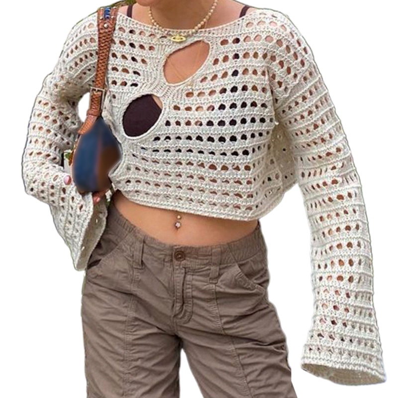 Áo Croptop Tay Dài Phối Lưới Xuyên Thấu Thiết Kế Đục Lỗ Thời Trang Quyến Rũ Cho Nữ