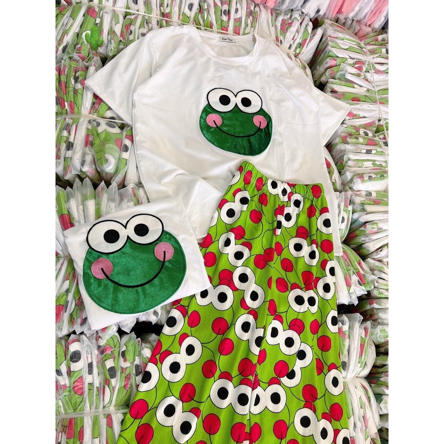 set bộ đồ mặt nhà mix áo thun form rộng quần dài suông in chú ếch siêu cute p