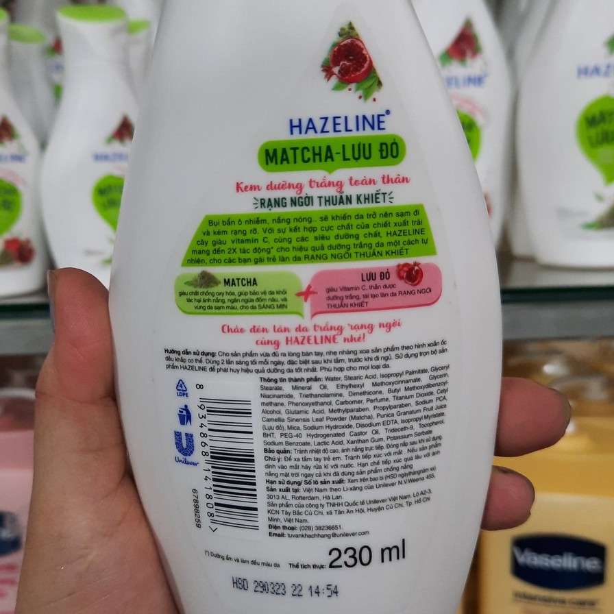 Sữa Dưỡng Thể Hazeline Dưỡng Trắng Da Matcha Lựu Đỏ 230ml