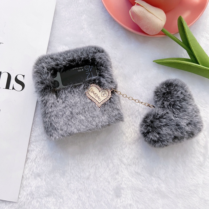 Bao Da Điện Thoại Gắn Hình Trái Tim 3d Bằng Vải Lông Xù Êm Ái Ấm Áp Cho samsung z flip 3 flip4 galaxy Zflip