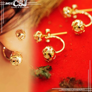 Bông tai inox nữ mạ vàng trái châu thiết kế theo kiểu chữ C phong cách Hàn Quốc