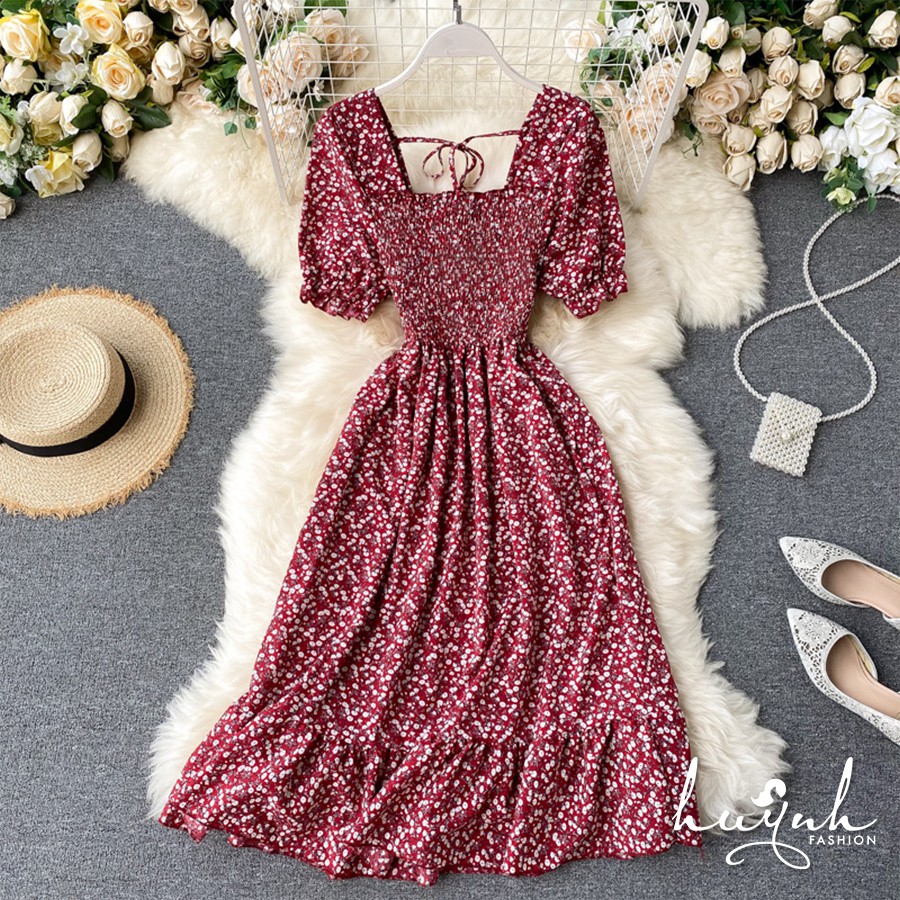 Đầm hoa cổ vuông tay ngắn xếp ly - DDTN02