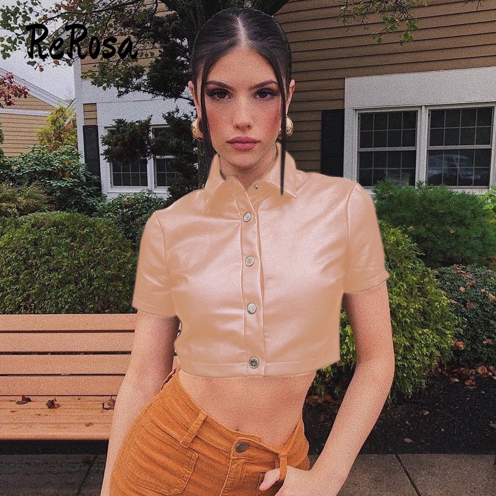 Áo Thun Crop Top Tay Ngắn Màu Trơn Cài Nút Thời Trang Cho Nữ