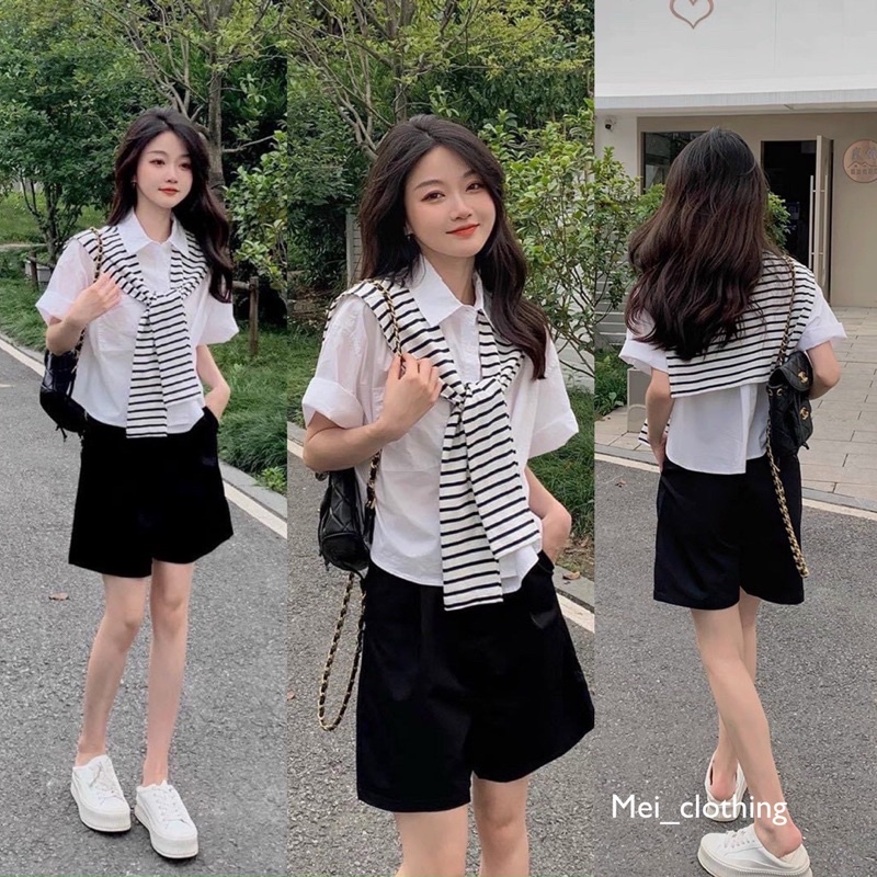 Set 3 món sơmi quần short kèm choàng cổ kẻ sọc, set đồ nữ