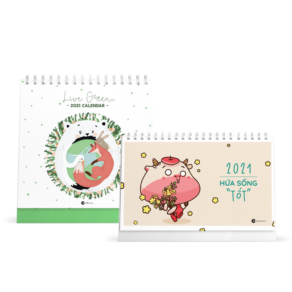 Combo lịch bàn SDstationery 2021 - Lịch ngang chữ nhật HỨA SỐNG TỐT (con trâu) và Lịch đứng vuông LIVE GREEN (sống xanh)