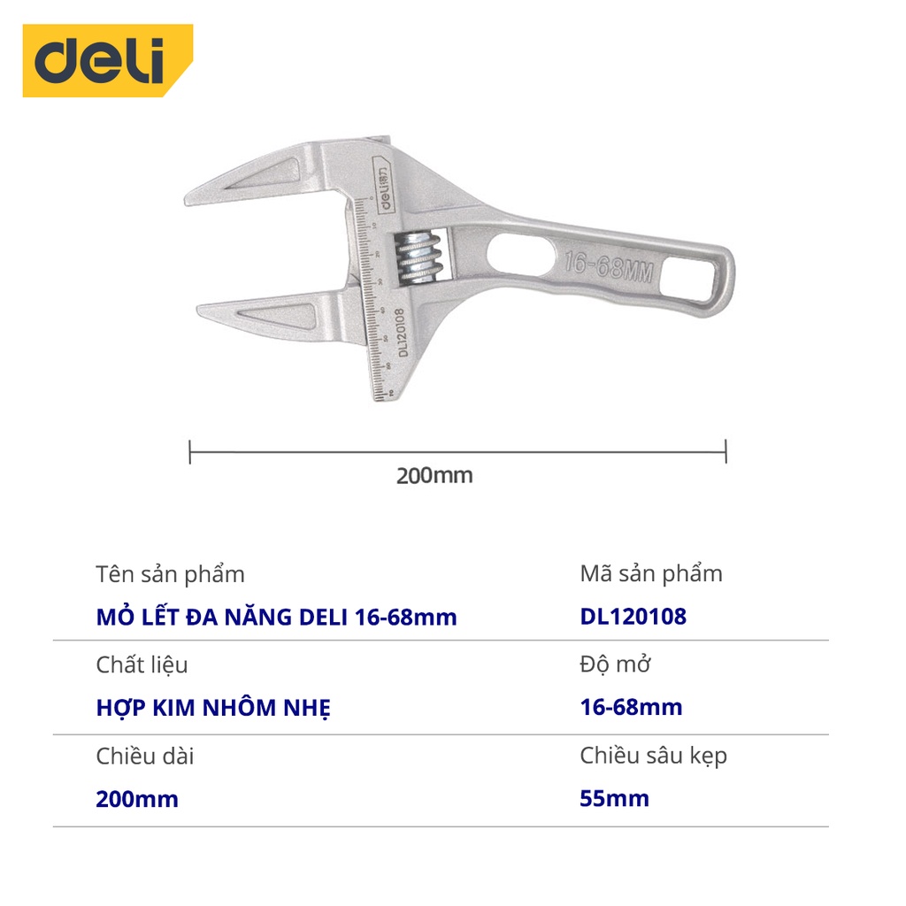 Mỏ Lết Đa Năng Deli Cao Cấp 16-68mm - Tiện Dụng Cho Công Việc Sửa Chữa - Chất Liệu Thép Chống Ăn Mòn Chắc Chắn DL120108