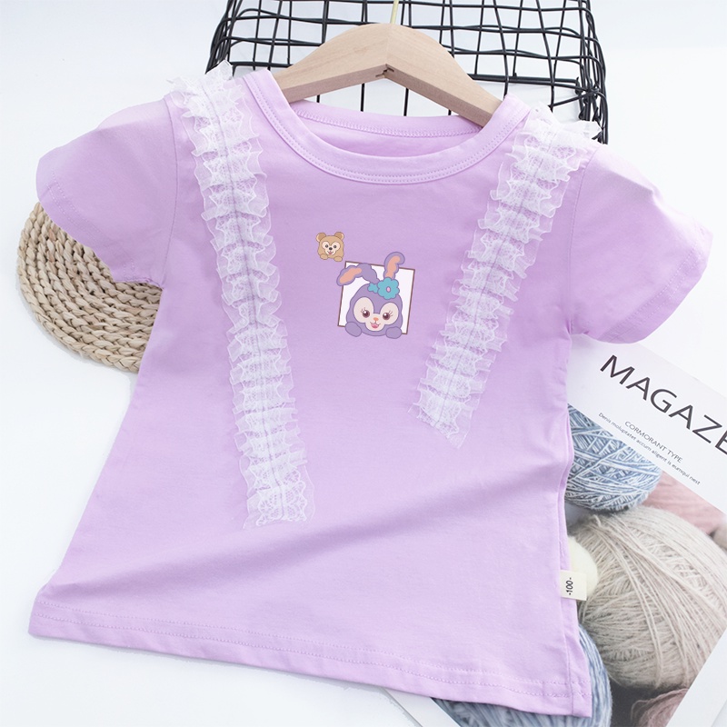Áo Thun Cotton Cổ Tròn Phối Ren Họa Tiết Hoạt Hình StellaLou Nhiều Màu Sắc Dành Cho Nữ
