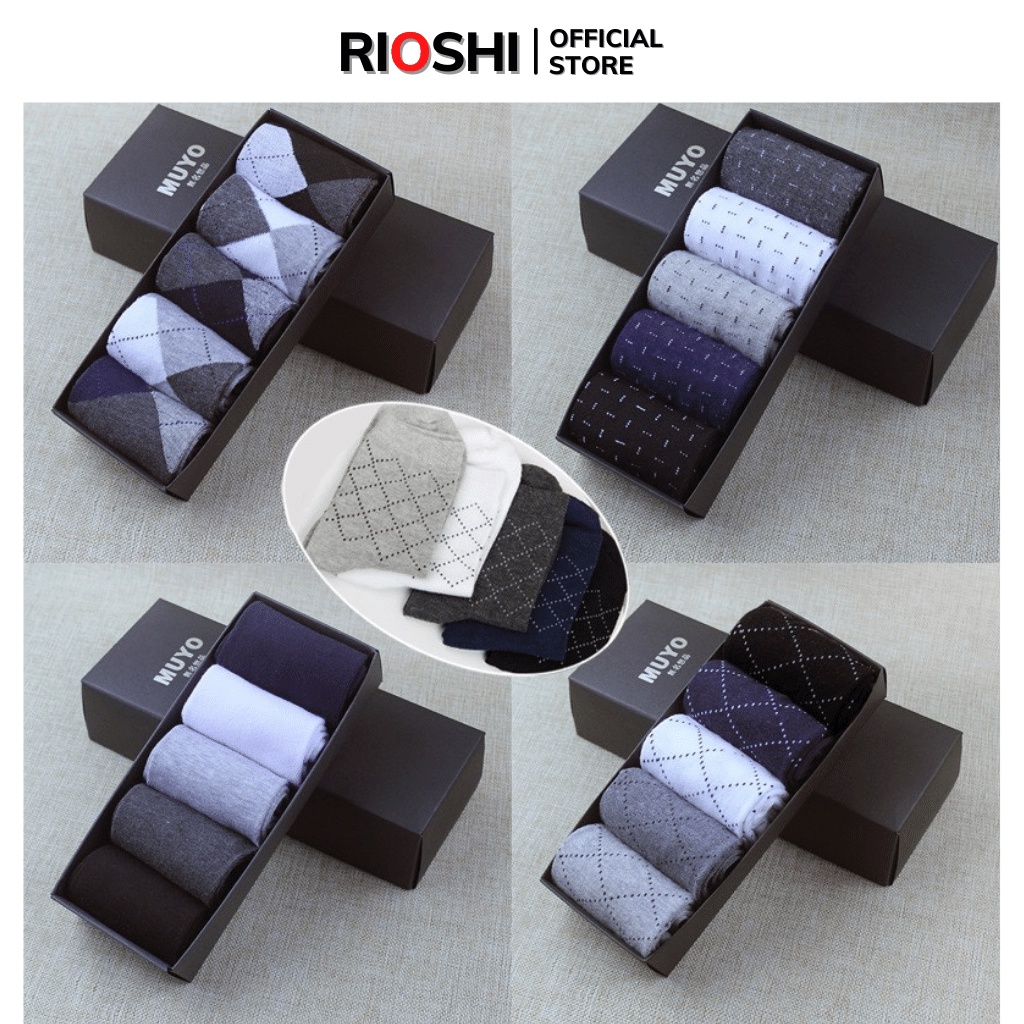 Tất nam công sở cao cổ 5 đôi kháng khuẩn cao cấp đóng hộp 5 màu Rioshi TN02 Tất vớ nam cổ trung hộp quà tặng bạn trai