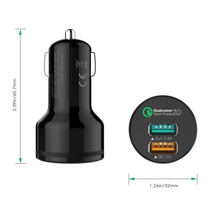 [Chính hãng] Sạc xe hơi AUKEY CCT1 Sạc nhanh QC 2.0 có 2 cổng USB