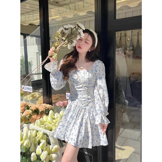 ĐẦM HOA XANH CỔ VUÔNG NHÍU NGỰC TAY LOE