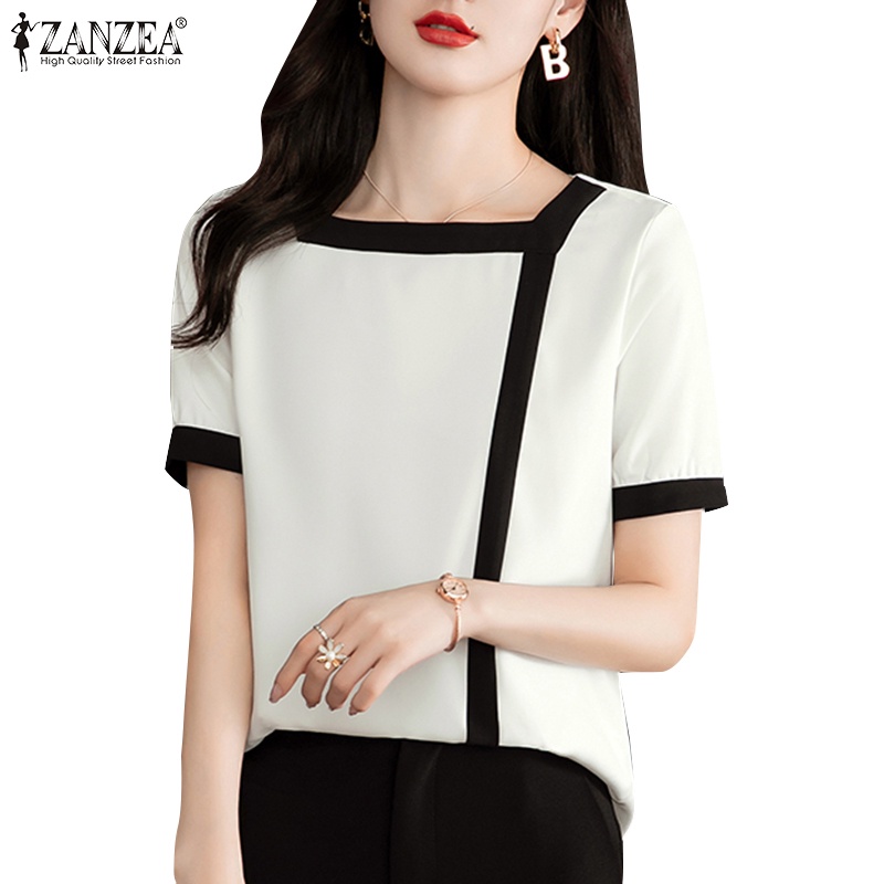 Áo kiểu ZANZEA cổ vuông tay ngắn màu tương phản thời trang dành cho nữ
