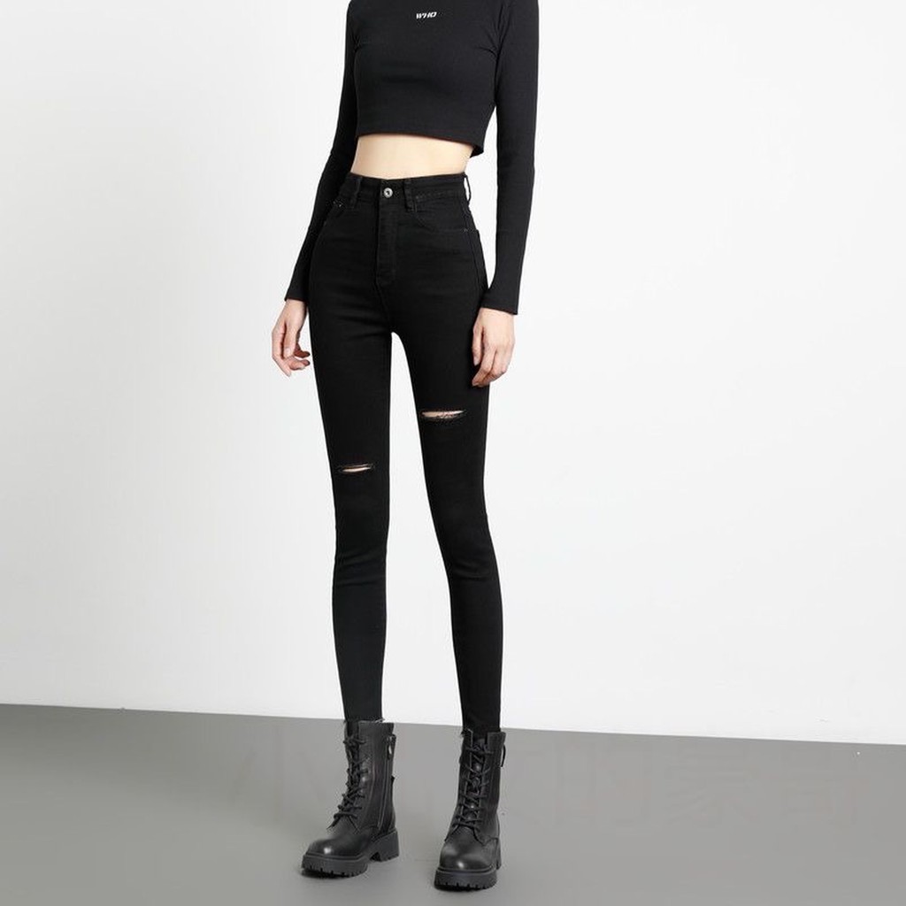 Quần jean nữ dài màu đen tuyền lưng cao co dãn mạnh, rách đẹp dành cho Big Size 2707