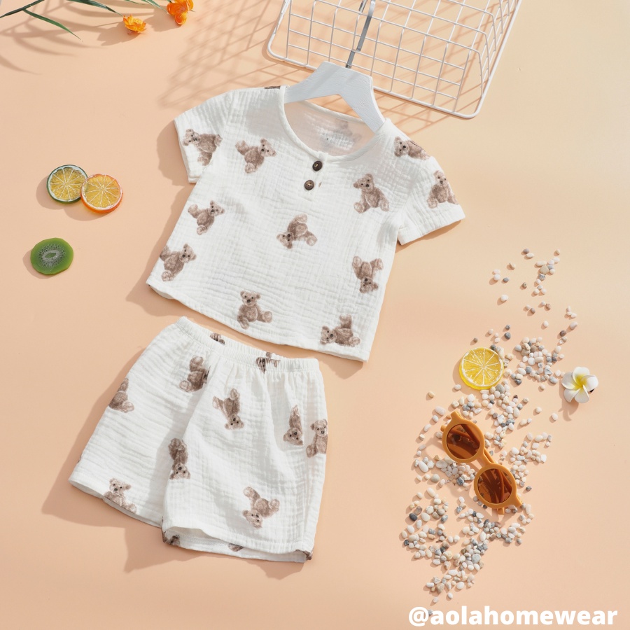 Bộ hè bé trai xô muslin mềm mát, bộ cộc tay bé trai hình gấu Áo Lá Homewear MUCT22