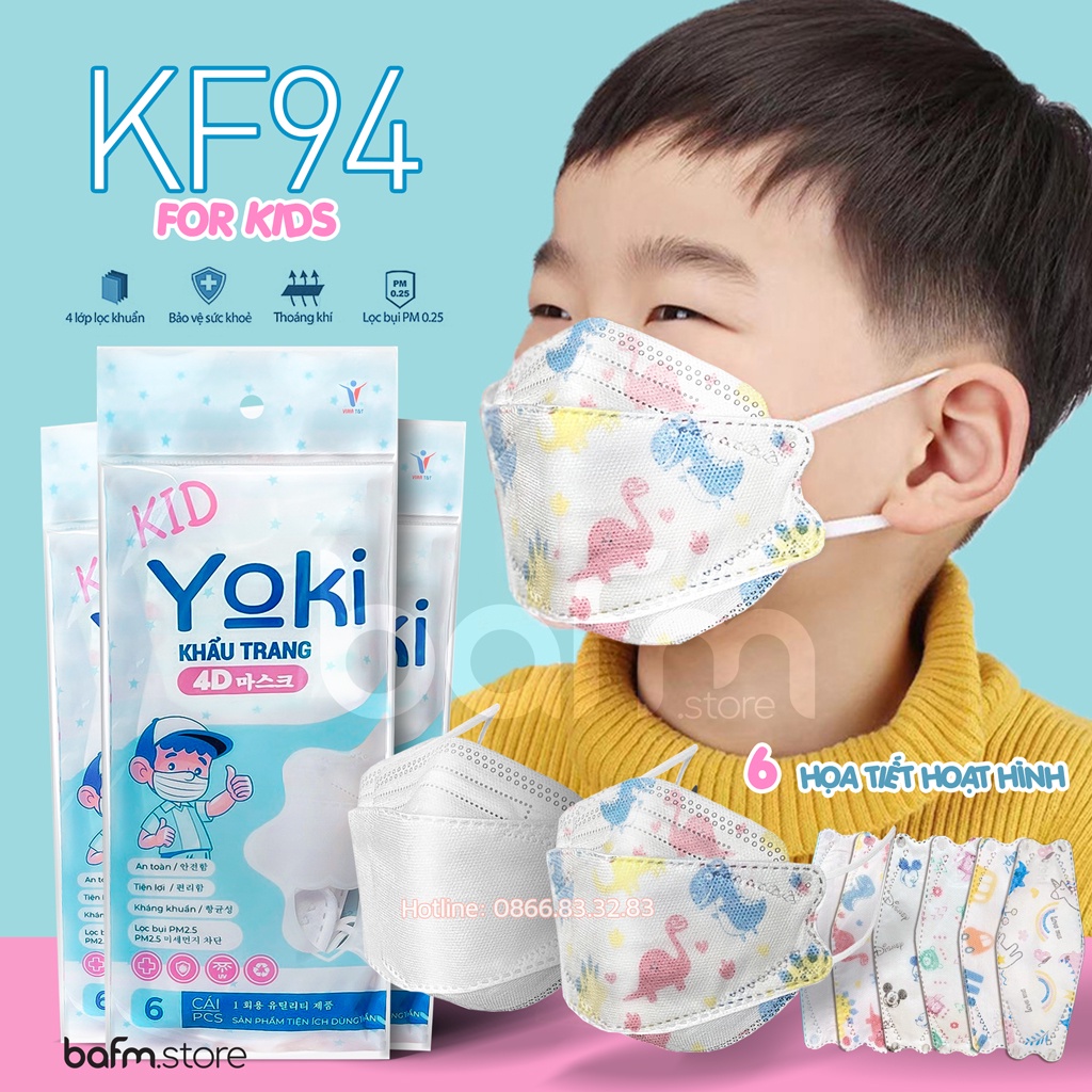 Khẩu Trang 4D Trẻ Em KF94 Công nghệ Hàn quốc - 6 Họa tiết xinh cho bé từ 2-8 tuổi - Yoki