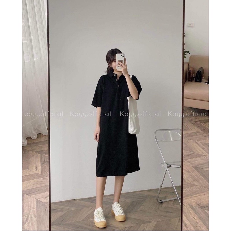 Váy polo trơn dáng dài- đầm nữ cổ bẻ dáng suông tay lỡ chất thun cotton màu ĐEN phong cách ulzzang hàn quốc