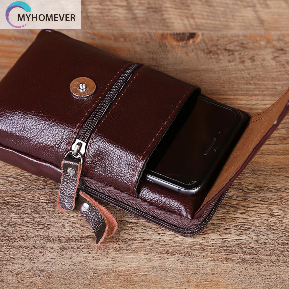 myhomever Men Genuine Leather Waist Bag Business Waterproof Phone Belt Bum Zip Pouch