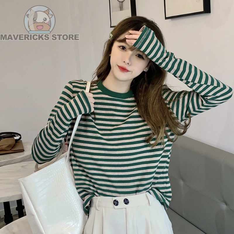 Áo Thun Tay Dài Cổ Tròn Dáng Rộng Họa Tiết Kẻ Sọc Phong Cách Hàn Quốc Trẻ Trung Cho Nữ