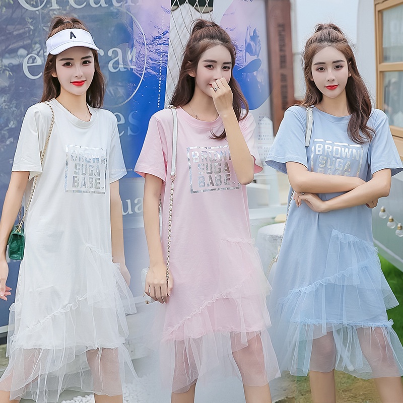 Đầm Dài Tay Ngắn Phối Lưới Mỏng Thời Trang Mùa Hè Chất Lượng Cao Cho Nữ Sinh