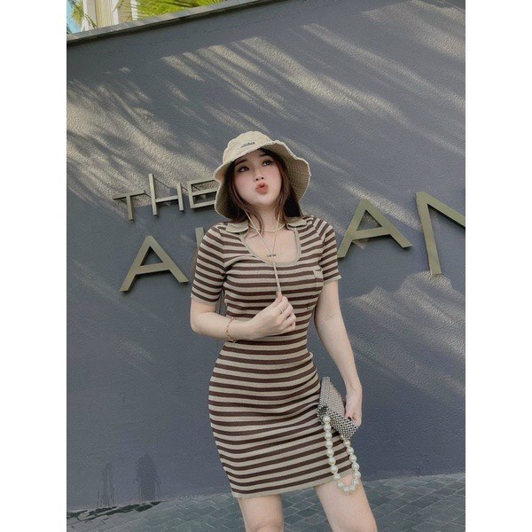 Váy body kẻ ngang cổ chữ U mix túi ngực tôn dáng