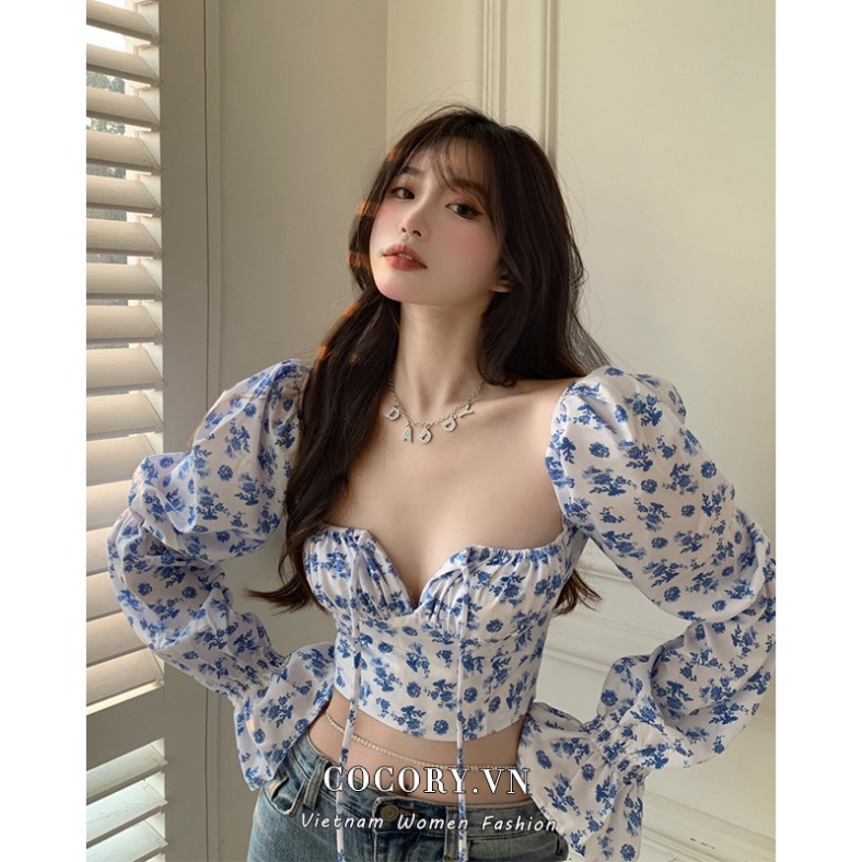 Áo Croptop Tay Phồng Cổ Vuông In Hoa Thời Trang Quyến Rũ Cho Nữ