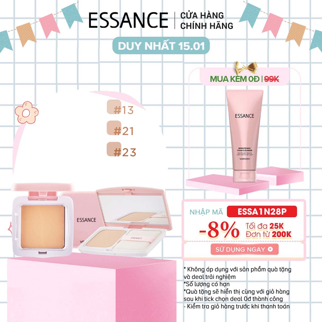 Combo trang điểm mịn mượt lâu trôi Phấn nền Essance Veil Fit Two Way Cake SPF40/PA++ 7g và Phấn phủ Silky Pact 11g