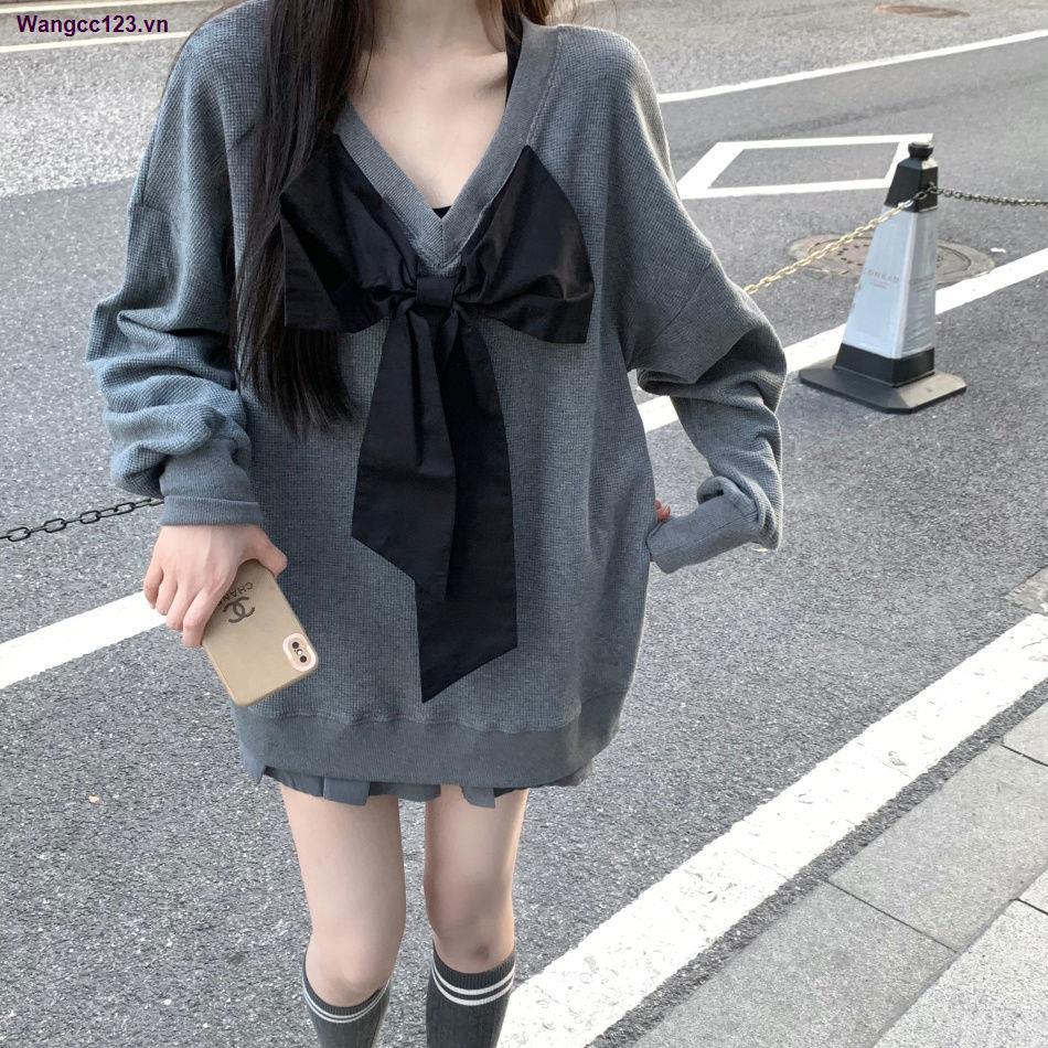 Áo sweater tay dài dáng rộng cổ chữ V thắt nơ thời trang mùa thu cho nữ