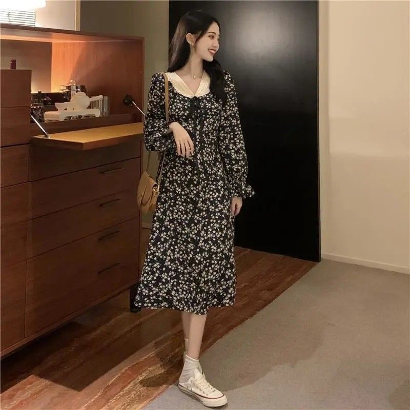 Đầm Chữ A Tay Dài In Họa Tiết Hoa Phong Cách Pháp Cổ Điển Dành Cho Nữ