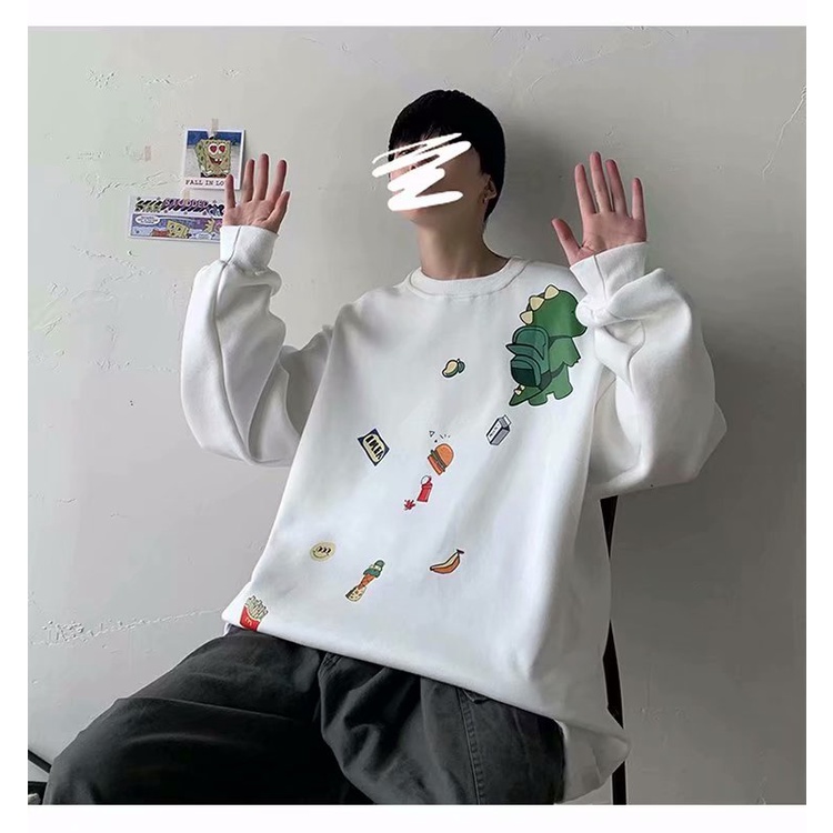Áo sweatshirt mặc chui đầu dáng rộng size lớn M-5XL họa tiết khủng long hoạt hình phong cách Nhật Bản đi học thời trang
