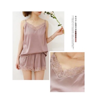 D Dưới 60kg LL 680 bộ ngủ lụa satin phối ren - đồ ngủ 2 dây