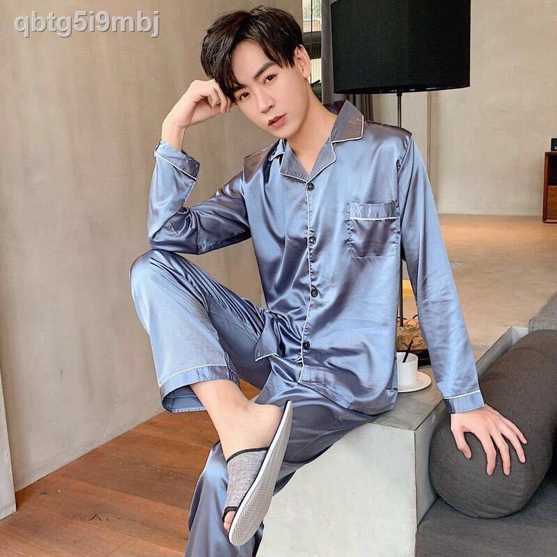 Đồ ngủ của nam giới mùa xuân và thu dài tay lụa băng phù hợp với kích thước lớn rộng rãi cặp đôi hè ngắn áo n