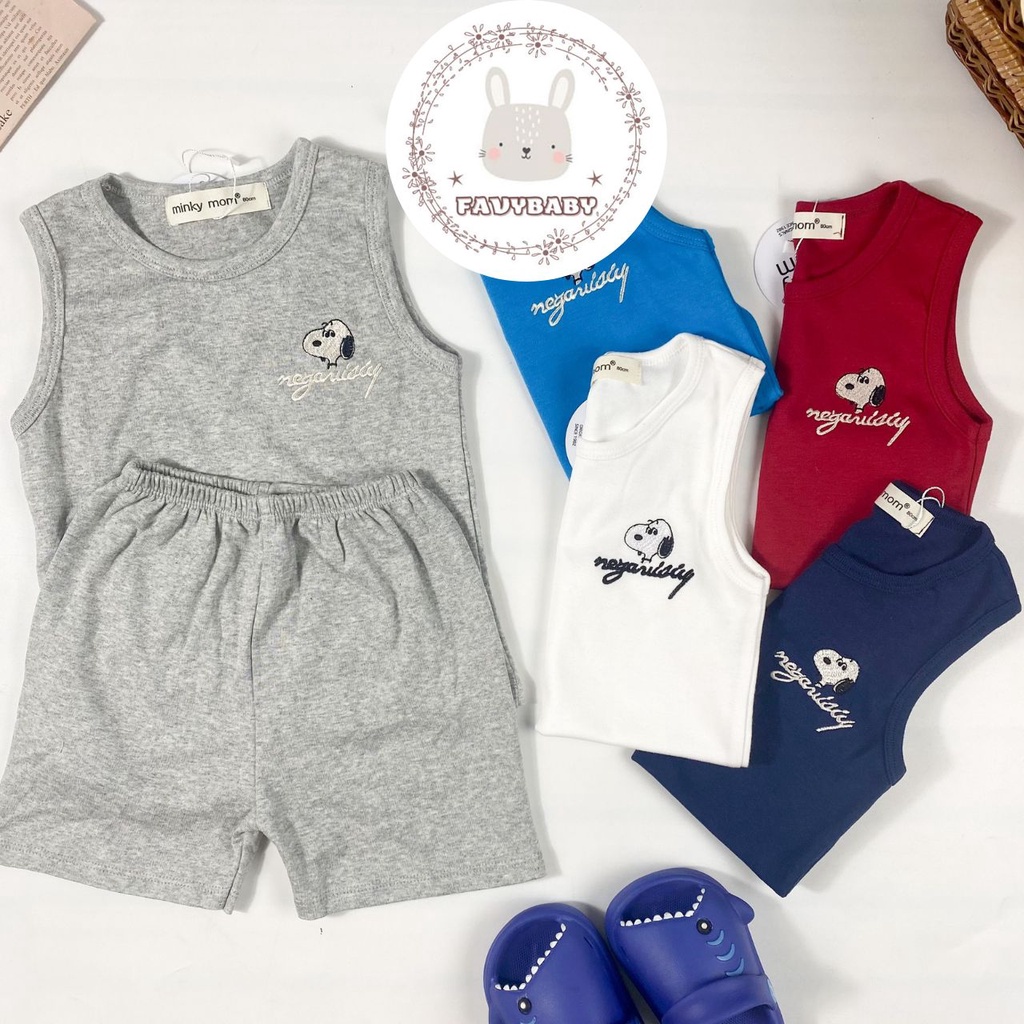 Đồ Bộ Ba Lỗ MINKY MOM Sát Nách Bé Trai Bé Gái Cotton Hàn Màu Trơn Hình Chó Con Trẻ Em 0 1 2 3 4 5 Tuổi-Favybaby