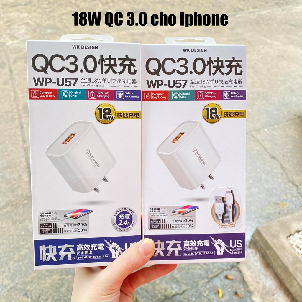 Bộ sạc nhanh 18W cho IP11 Pro Max-11 Pro-11-XS Max-X/XS-XR-7/8 Plus (Quick Charge 3.0-WP-U57)