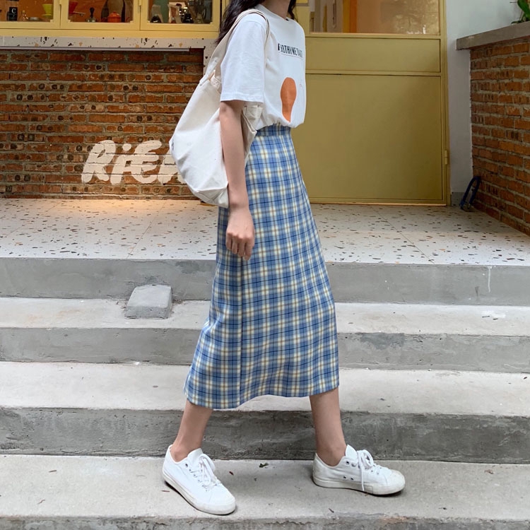 SUXI Chân váy dài họa tiết ca rô phong cách Hàn Quốc thanh lịch dành cho nữ