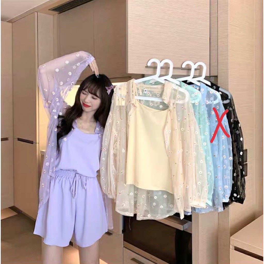 Áo sơ mi lưới khoác ngoài in bông cúc xinh xắn hot hit xinh xinh