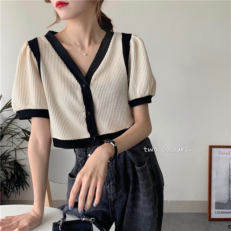 Áo cardigan dệt kim tay ngắn cổ chữ V phối màu tương phản phong cách Hàn Quốc thời trang mùa hè 2020 mới cho nữ | BigBuy360 - bigbuy360.vn