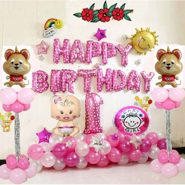 set bong bóng sinh nhật thôi nôi cho bé Chuột/ Heo con cho bé phụ kiện trang trí sinh nhật happy birthday