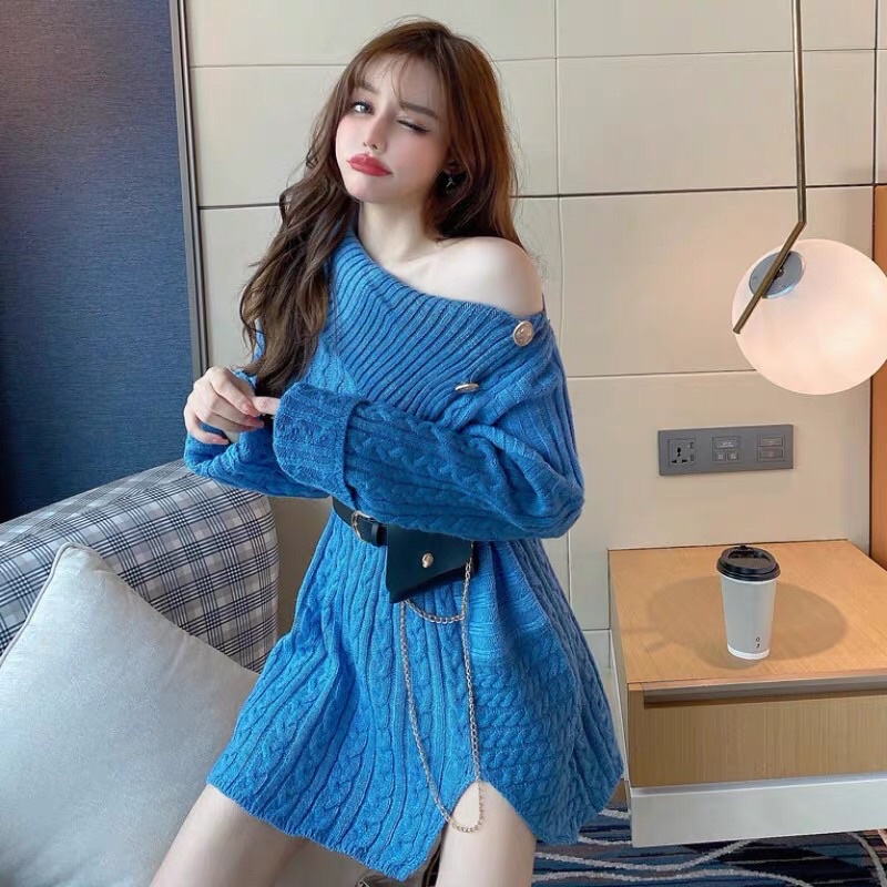 ÁO LEN SUÔNG CÀI KHUY VAI LỆCH VAI PHỐI MÀU KÈM BELT/NỊT TÚI DA PU