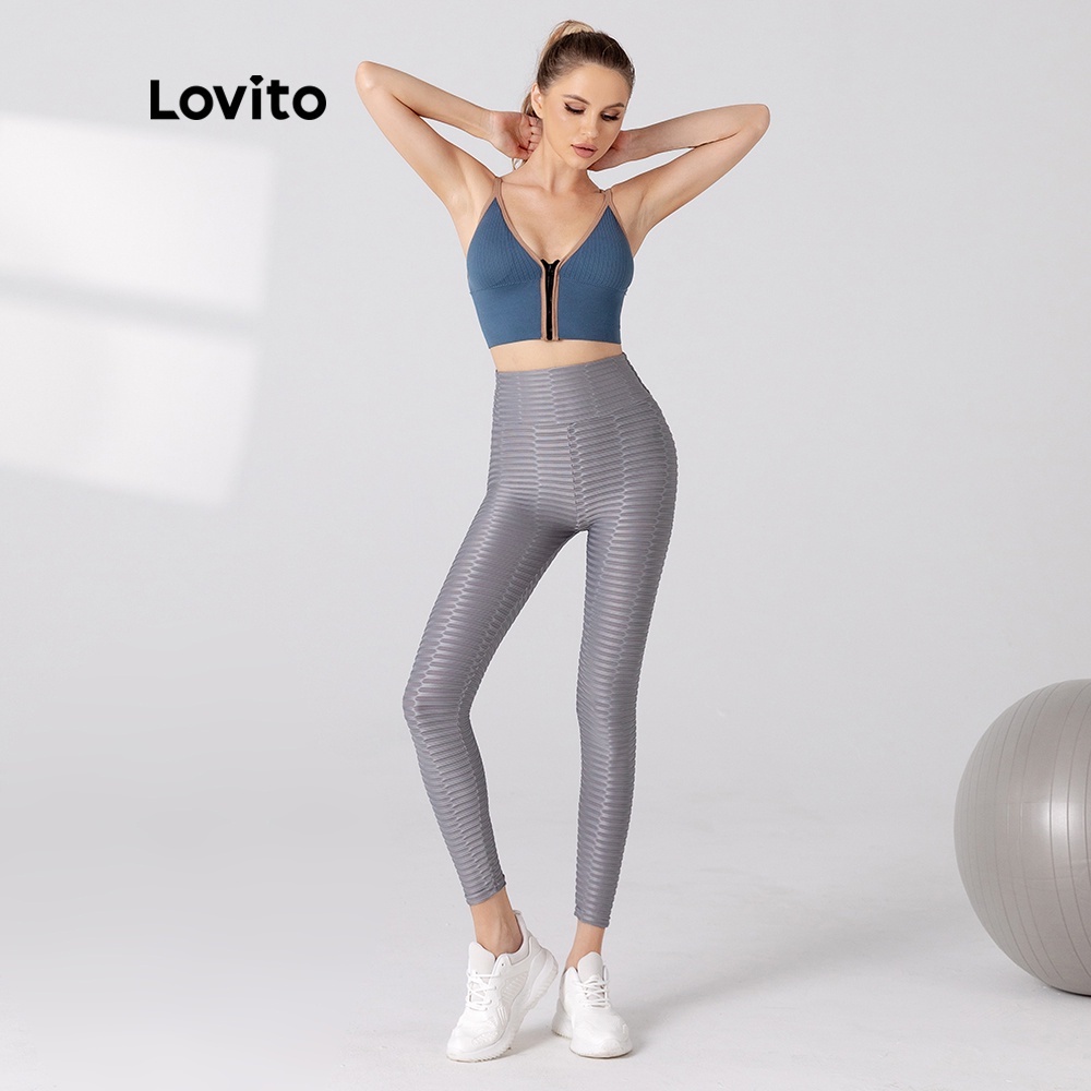 Yoga dây kéo tương phản hai mảnh Lovito áo ngực L05220 (Xám / Xanh dương)