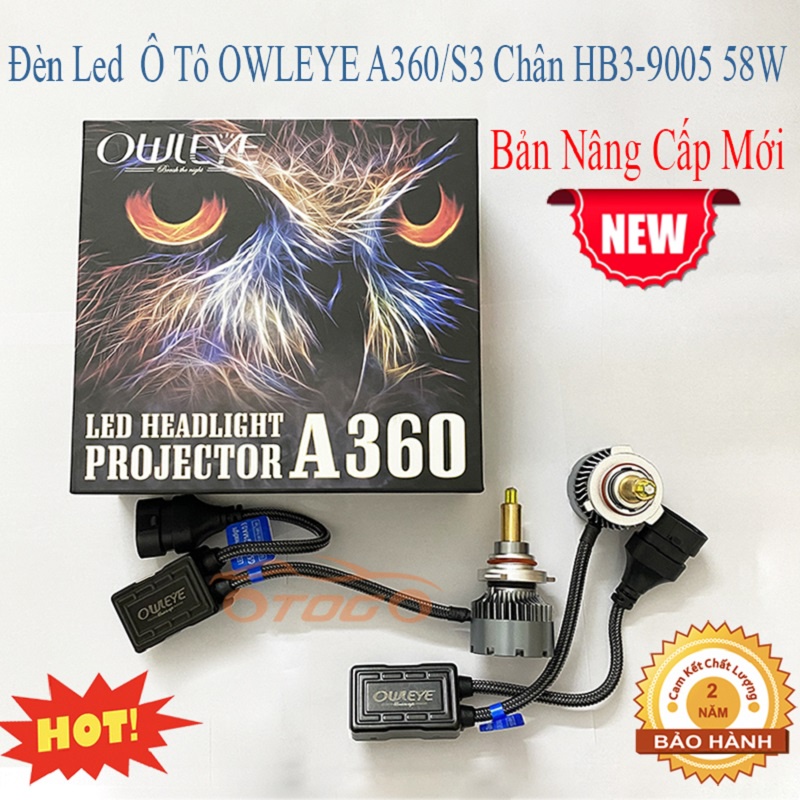 Đèn Led Ô Tô OWLEYE A360/S3 Chân HB3 - 9005 58W – Bản Nâng Cấp Mới 2022